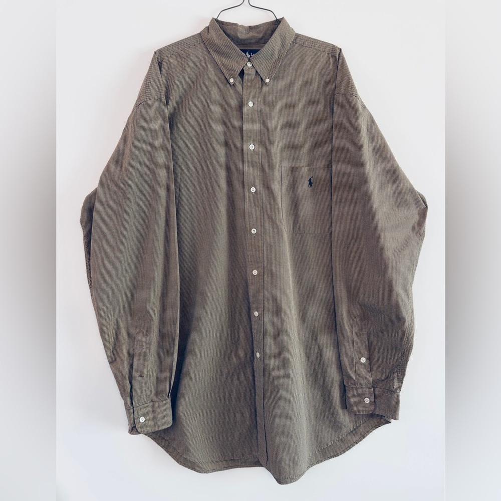 Ralph Lauren Gingham Checkered XLT Brown Long Sleeve Button Down Dress Shirt